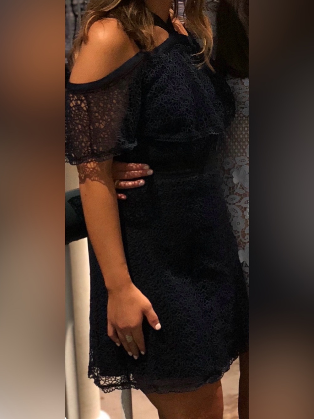 Chelsea28 navy Lace Midi Dress with Flutter Sleeves